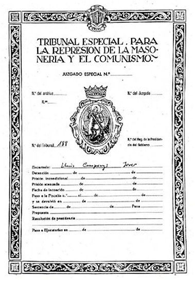 Cubierta del sumario del Tribunal Espcial para la Represión de la Masonería y el comunismo contra Lluís Companys - TERMC Sumario 188